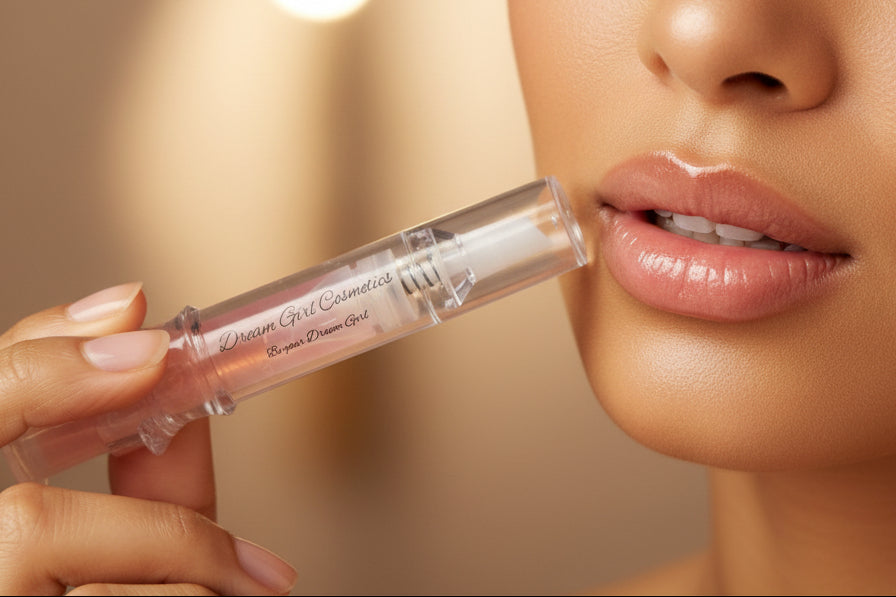 Cosmetic syringe with 'Dream Girl Cosmetics' branding on a pink textured background